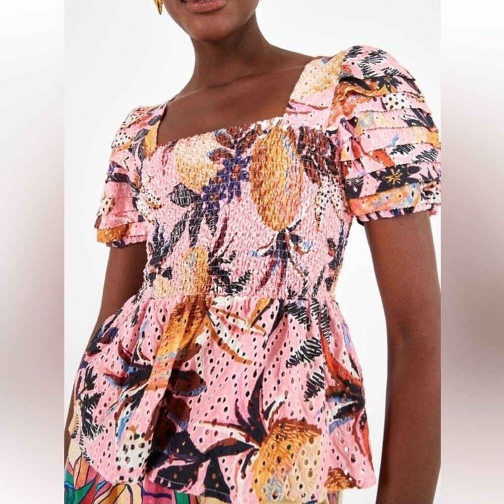 Farm Rio Pineapple Smocked Pink Top